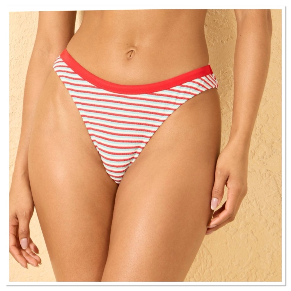 Women’s Pucker Contrast Binding Mid-Rise High Leg Cheeky Striped Bikini Bottom